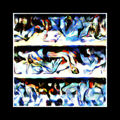 An abstract painting divided into three horizontal panels, featuring swirling forms in white, blue, orange, and black with fluid, expressive brushwork.