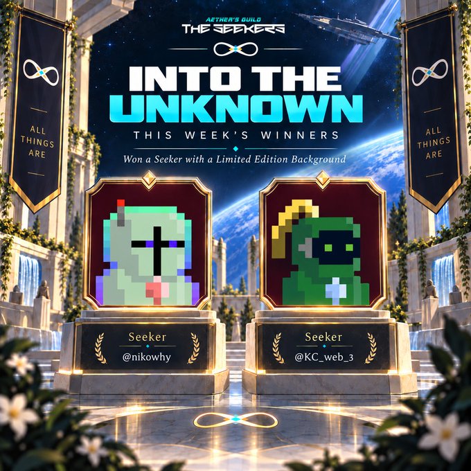 A promotional graphic for 'The Seekers: Into the Unknown' featuring this week's winners, @nikowhy and @KC_web_3, displayed on ornate pedestals.