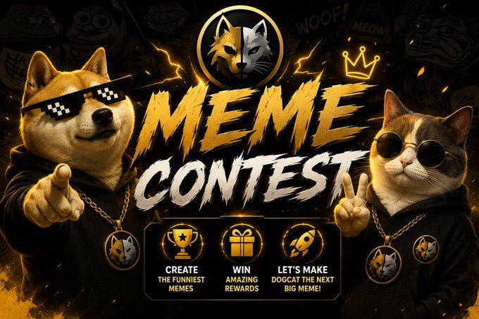 Two anthropomorphized pets—a Doge in shades and a Cat in sunglasses—flank a bold "MEME CONTEST" banner featuring a DOGCAT logo and callouts for "5 Winners $100 each," "Funniest Memes," and "Amazing Rewards," promoting a 6-day meme competition for the $DOGCAT token.