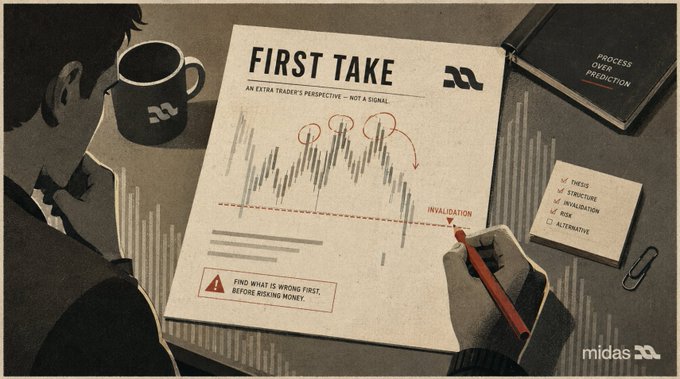 An illustrated graphic titled 'FIRST TAKE - AN EXTRA TRADER'S PERSPECTIVE - NOT A SIGNAL' by midas, depicting a person drawing chart analysis with notes on 'PROCESS OVER PRECISION' and 'FIND WHAT'S WRONG FIRST, BEFORE RISKING MONEY.'