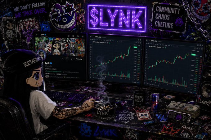 An anime-style character in a chaotic, sticker-covered room with neon $LYNK sign and monitors displaying trading charts.