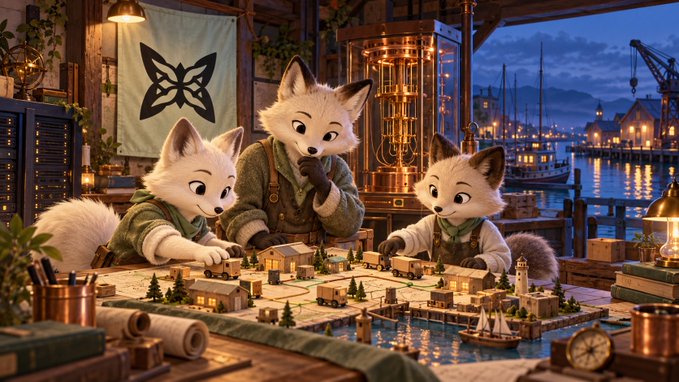 Three anthropomorphic foxes gather around a detailed miniature map in a warmly lit workshop, planning a bustling port city under twilight skies. The scene mirrors the post's focus on network collaboration, as the foxes—representing classical and quantum hardware—study how individual structures and machines can connect to accomplish greater collective goals rather than simply listing isolated components.