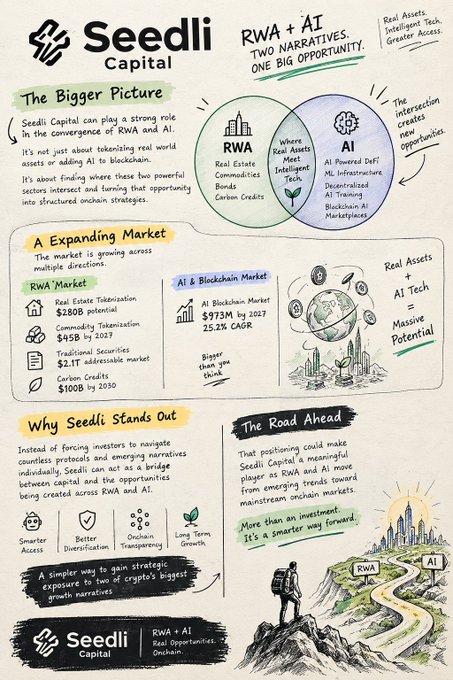 A Seedli Capital infographic explains the RWA + AI opportunity, showing intersections of “Real Estate,” “RWA,” and “AI,” along with market figures including “$180B+ potential,” “$458B,” and “$100B by 2030.”