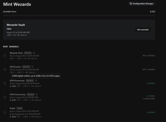 A screenshot of an NFT mint page titled 'Mint Wezards' showing available items (3,333) and a mint schedule with tiers including Wizards Vault, OG Creators, GTD Community, FCFS Community, and Public.