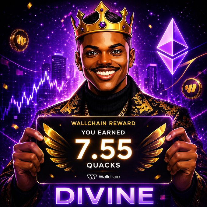 The image features a man wearing a crown holding up a sign that says "Divine" with the number "7.55" written below him. The text above the man reads "Good Afternoon CT Picked up 7.55 quacks on @wallchain today What I find interesting isn'e the number itself, but what it represents. Every quack comes from participation: sharing ideas, joining conversations, paying attention, and contributing something useful to the". This message is related to the post because the man holding the sign is likely promoting a product or service that rewards users for their engagement on social media platforms like Twitter.
 
The image also includes various elements such as a crown, buildings, and a city skyline in the background, which adds to its visual appeal and context. The presence of these elements helps create an interesting and engaging scene that captures the viewer's attention.