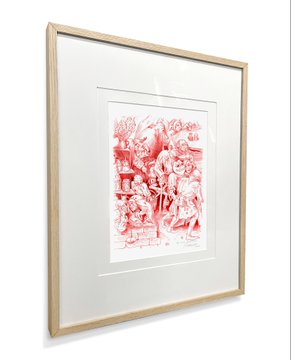 A framed piece of red and white artwork, possibly a manga or comic illustration, displayed in a light wood frame with a white mat.