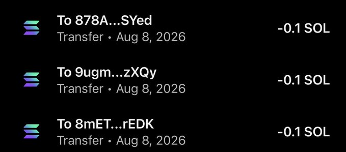 The image displays three Solana (SOL) transfer transactions of 0.1 SOL each sent on August 8, 2026, to recipients with addresses starting with "878A...SYed," "9ugm...zXQy," and "8mET...rEDK." These transfers appear to be the crypto payments the poster sent to the tagged users (@bondee_211, @soutenweb3, @kelvonixCrypt) as part of a "Who's next" giveaway challenge.