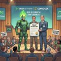 The image appears to be a stylized illustration depicting a "Crypto Quantum Threat" panel discussion at CoinDesk, featuring a masked figure in green (suggesting a hacker or quantum threat) alongside two formally dressed panelists on stage, with audience members holding signs marked "21" — symbolizing quantum computing's potential to compromise Bitcoin (which has 21 million cap). This visual reinforces the post's context about growing institutional concern over Bitcoin quantum risk and broader post-quantum readiness efforts in 2026.