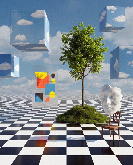 A surreal digital artwork featuring a tree growing from a patch of grass on a checkered floor, a marble face sculpture next to a small wooden chair, a colorful geometric painting, and floating cubes displaying sky scenes against a cloudy blue sky.