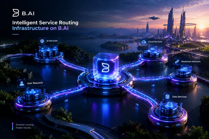 A futuristic promotional graphic for 'B.AI' titled 'Intelligent Service Routing Infrastructure on B.AI,' depicting glowing nodes labeled 'User Requests,' 'AI Services,' 'Cloud Services,' 'Blockchain Networks,' and 'Data Services' connected by neon pathways in a sci-fi landscape.