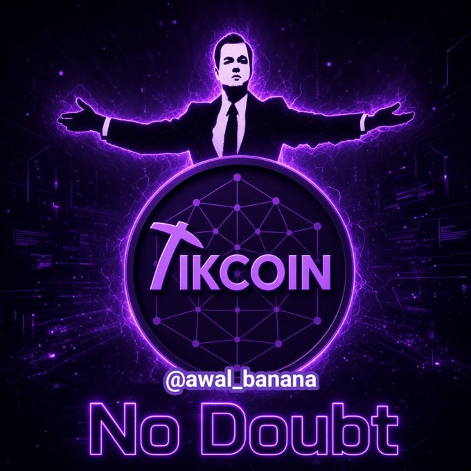 The image features a silhouetted figure in a suit with outstretched arms against a glowing purple background, positioned above a circular "TikCoin" logo with a mining pickaxe symbol. Below the logo is the text "@awal_banana" and "No Doubt," which reinforces the post's confident declaration that TikCoin will one day achieve success.