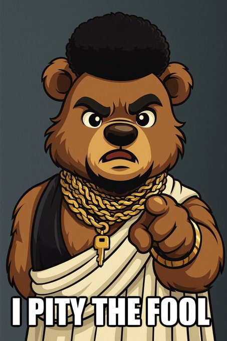 A cartoon illustration of an angry bear wearing gold chains, a black vest, and a white toga-like garment, pointing forward, with the text 'I PITY THE FOOL' at the bottom.