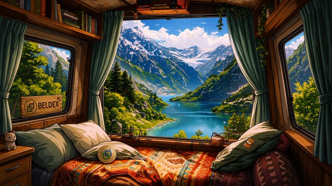 A digital illustration of a cozy wooden cabin interior with a window overlooking a mountain lake landscape, featuring a 'BELDEX' logo.