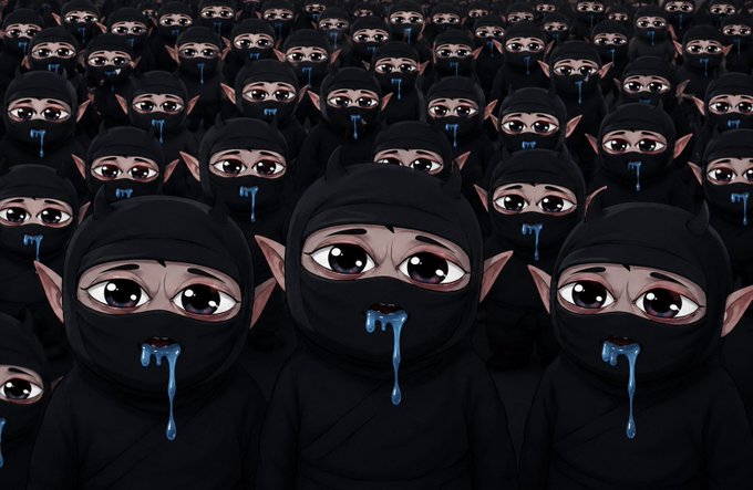 The image features a large group of people wearing black masks, resembling a crowd or a gathering. They are all dressed alike with black clothing, giving them a similar appearance. The majority of these individuals have their mouths open, possibly due to fear or excitement. One person in particular has blue paint dripping down their face, adding an unusual and striking element to the scene. The background is dark, which further emphasizes the group's presence as they stand out against it.