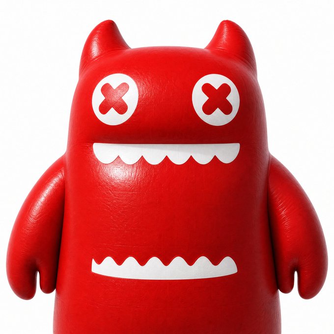 A red Uglydoll-style vinyl figure featuring X-shaped eyes and a wide, toothy mouth against a white background.