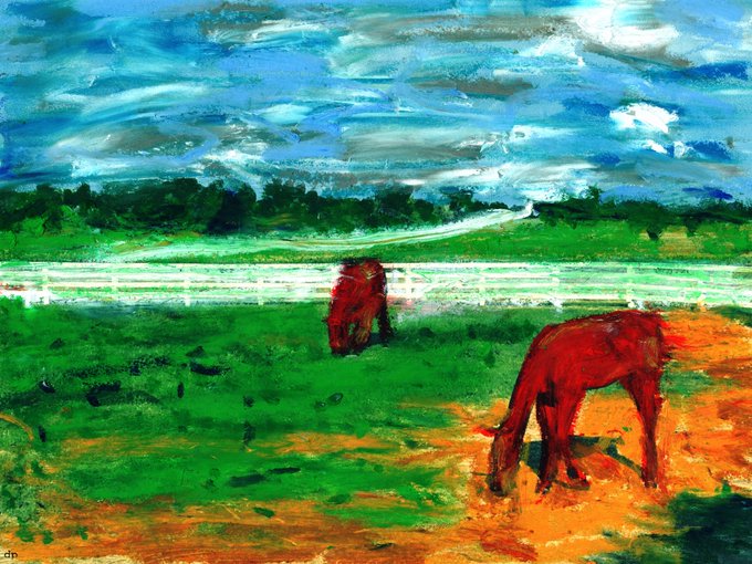 JTX, an artist's name who created a painting of two horses grazing in a field near white fences. The painting depicts a moment of peacefulness with the two horses standing side by side, surrounded by green grass under a blue sky dotted with clouds. This serene landscape is symbolic as it represents freedom and tranquility. The post suggests that this artwork may be featured on the artist's website or in other platforms where the JTX logo will become synonymous with the theme of freedom.