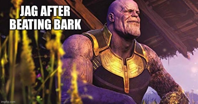 A meme of Thanos from the Marvel Cinematic Universe with the caption "JAG AFTER BEATING BARK" overlaid on the image.