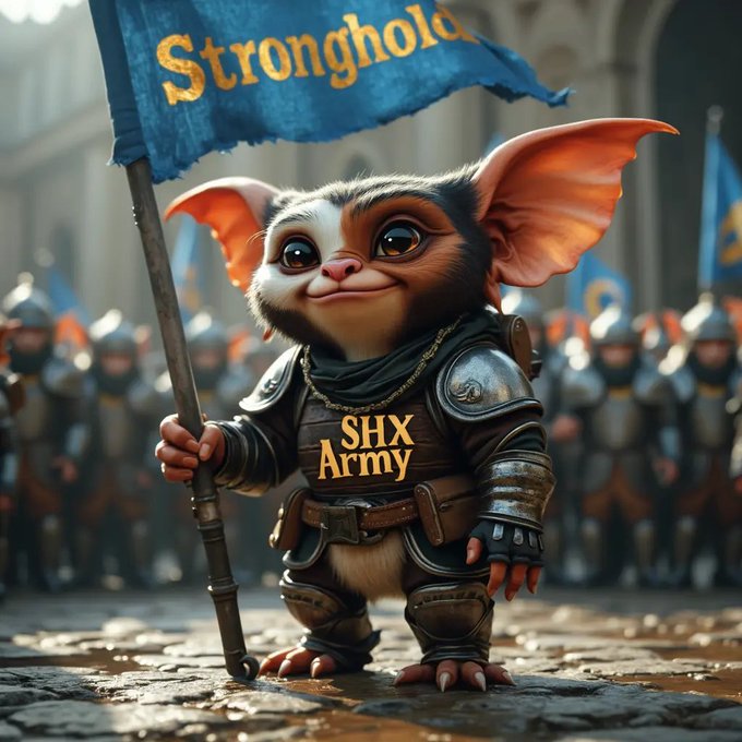 A digital artwork of a small, cute fantasy creature in armor holding a blue "Stronghold" flag, wearing a chestplate labeled "SHX Army," with a knight army blurred in the background.