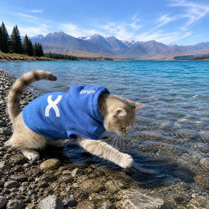 A curious cat in a blue "BingX" hoodie tests the water's edge along a rocky lakeshore, paws dipping into the clear alpine lake with snow-capped mountains in the background—perfectly embodying the cautious "check the depth first" approach that real traders apply before diving into a market.