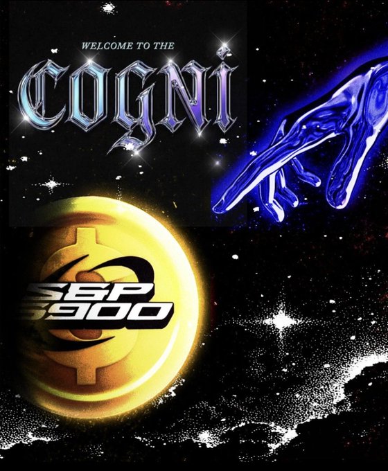 Cosmic-themed graphic with the text "WELCOME TO THE COGNI" in chrome lettering, a blue hand reaching downward, and a glowing golden coin labeled "S&P 900" against a starry space background.