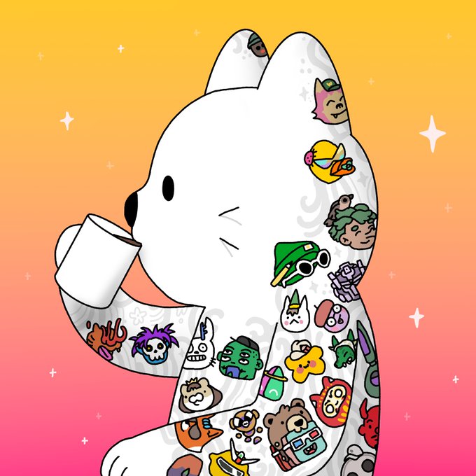 An illustration shows a white dog-like character drinking from a cup, covered in various colorful stickers and tattoos featuring cartoon faces, bears, and other designs, set against an orange and pink gradient background with star sparkles.