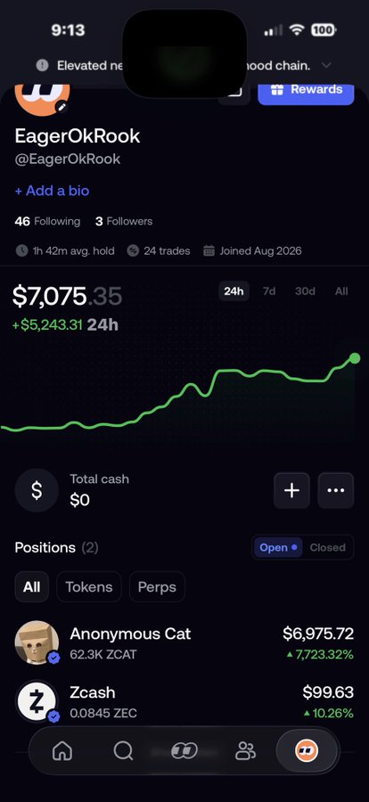 A screenshot of a trading app profile for "EagerOkRoock" showing a portfolio value of $7,075.35 with a +$5,243.31 (24h) gain, featuring open positions in Anonymous Cat ($ZCAT) up 7,723.32% at $6,975.72 and Zcash (ZEC) up 10.26% at $99.63. The post celebrates the user's massive gains on $ZCAT, illustrating the "winning" and community success they're advocating for.