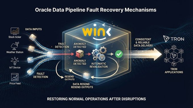 A technical diagram titled 'Oracle Data Pipeline Fault Recovery Mechanisms' for WIN, illustrating data inputs (Stock ticker, Weather Station, IoT Device, Price Feed) flowing through fault detection and revalidation processes to TRON Applications, with the tagline 'RESTORING NORMAL OPERATIONS AFTER DISRUPTIONS'.
