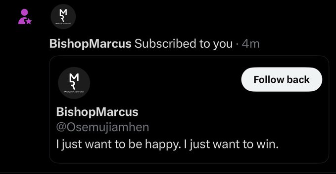 A notification shows that "BishopMarcus" (@Osemujiamhen) has subscribed, with the bio "I just want to be happy. I just want to win." The post celebrates the subscription by promising the user a 3-month X Premium subscription with a blue checkmark and a Discord invite code, expressing excitement and gratitude.