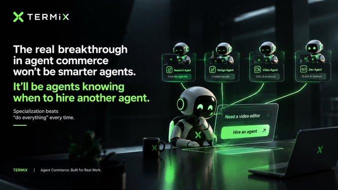 A promotional graphic for 'TERMiX' with the tagline 'The real breakthrough in agent commerce won't be smarter agents. It'll be agents knowing when to hire another agent.' featuring a robot character alongside agent service options like Research Agent, Design Agent, Video Agent, and Dev Agent.