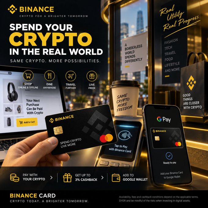 A promotional banner for the **Binance Card** showing a hand holding the black Mastercard alongside a smartphone with Google Pay set up, a payment terminal, coffee cup, laptop, and shopping bag, with the headline "SPEND YOUR CRYPTO IN THE REAL WORLD" and category icons for shop, dine, travel, and lifestyle. The imagery visually supports the post's message about using Binance Card for everyday online and offline purchases with crypto, highlighting features like the cashback offer and Google Wallet integration noted at the bottom.