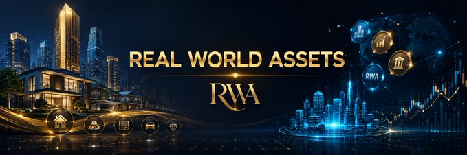 A promotional graphic titled "REAL WORLD ASSETS RWA" featuring a city skyline at night, a modern house, and various financial icons.