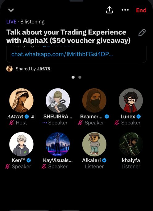 A screenshot of a live audio chat titled 'Talk about your Trading Experience with AlphaX ($50 voucher giveaway)' shared by AMIIR, showing 8 listeners with hosts, speakers, and listeners including AMIIR, SHEUIBRA, Beamer, Lunex, Ken, KayVisuals, Alkaleri, and khalyfa.