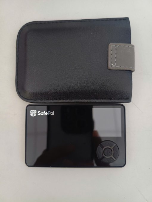 A black SafePal cryptocurrency hardware wallet sitting on a white surface in front of its black leather carrying case with a gray strap.