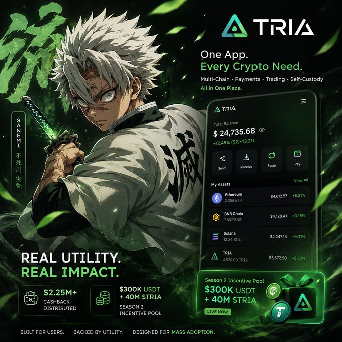 The image features a man holding a sword with a green shield on his back. The background of the image is dark green, which contrasts with the white shirt that the man is wearing. There are several texts displayed around the image, including one that reads "One app needed for every crypto need", another that says "Multichannel payments, trading, self-custody and more in one place", and a third one that mentions "@useTria" as an interesting platform to build custom routing logic. The man holding the sword is positioned towards the center of the image, drawing attention to him amidst the other elements displayed around it.