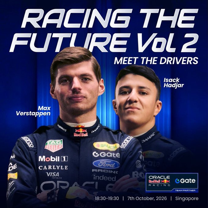 Promotional graphic for "Racing the Future Vol 2: Meet the Drivers" event featuring Max Verstappen and Isack Hadjar of Oracle Red Bull Racing, scheduled for 18:30-19:30 on 7th October 2026 in Singapore, presented by team partner Gate. The image showcases both drivers in their Red Bull Racing suits alongside the event branding and sponsor logos, aligning with the Gate Event announcement of hosting the drivers through their Oracle Red Bull Racing partnership.