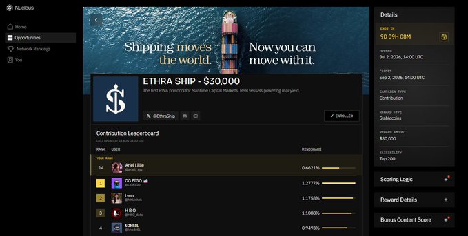 A screenshot of a website showing a shipping investment opportunity titled 'Shipping moves the world. Now you can move with it.' for 'ETHRA SHIP - $30,000', displaying a contribution leaderboard and ending details.
