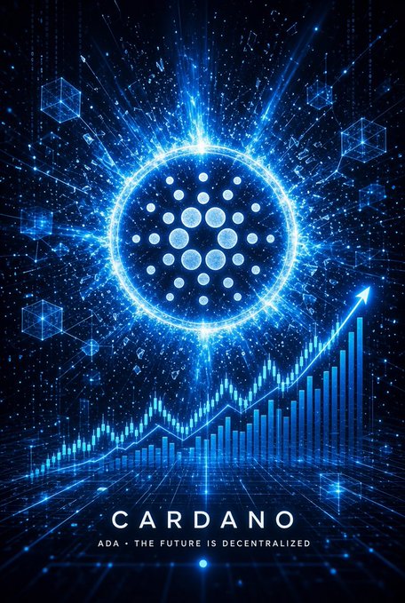 A blue digital graphic displays the Cardano (ADA) cryptocurrency logo surrounded by data nodes and a rising bar chart, with the text 'CARDANO ADA • THE FUTURE IS DECENTRALIZED.'