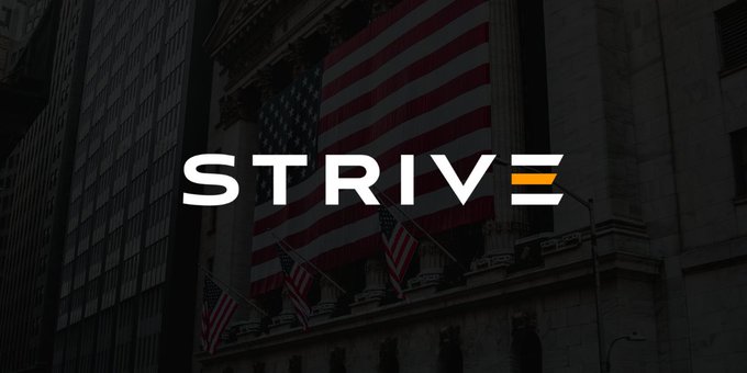 The image presents a gray backdrop with white text reading "Strive" and an American flag featuring the stars, stripes, and thirteen states crossed. An overlay of Bitcoin prices in the form of dollar symbols suggests that Strive might be related to some kind of financial discussion or advertisement about Bitcoin. The juxtaposition between the traditional flag and modern technology gives a sense of innovation and forward-thinking.