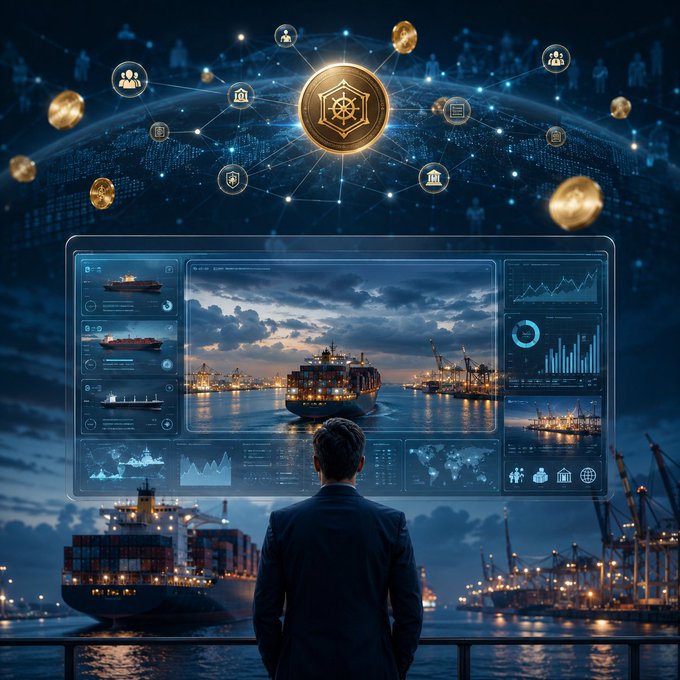 This image depicts a person interacting with a futuristic display showing data visualizations of shipping assets, symbolizing the "science layer" needed to understand and verify real-world assets in the digital age. The digital coin at the top, alongside network connections and icons representing data verification and ownership, further emphasizes the integration of blockchain technology.