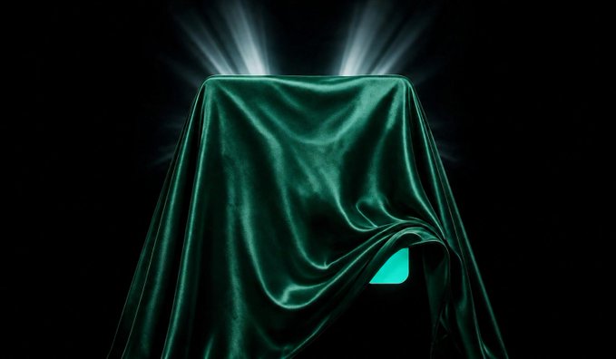 A dark green, glossy fabric drapes over an unseen object with light rays beaming from behind it, set against a black background.