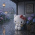 A small Hello Kitty figure with a pink flower bow sits in front of a miniature house and streetlamp scene.