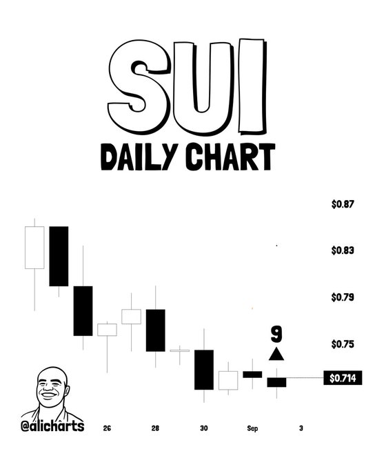 A daily SUI candlestick chart shows a downtrend from around $0.83 to $0.714, with a TD Sequential "9" buy signal marked by an arrow beneath the price, aligning with the post's call to "buy the dip" on the recent correction.