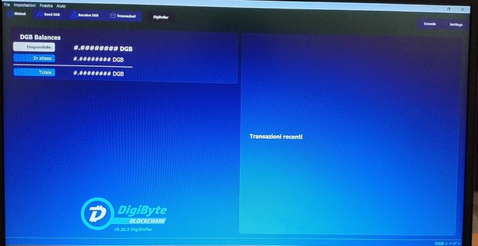 A screenshot of the DigiByte Blockchain v9.26.3 wallet interface, showing DGB Balances, send/receive options, and a 'Transazioni recenti' (recent transactions) panel.