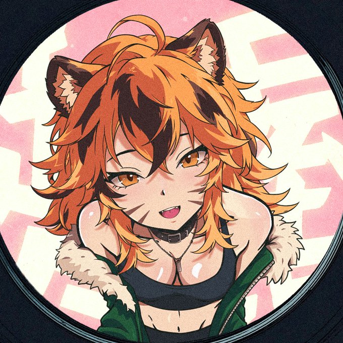 An anime-style illustration of a girl with orange hair, cat ears, and a fanged smile, wearing a black tank top with a green fur-lined jacket.