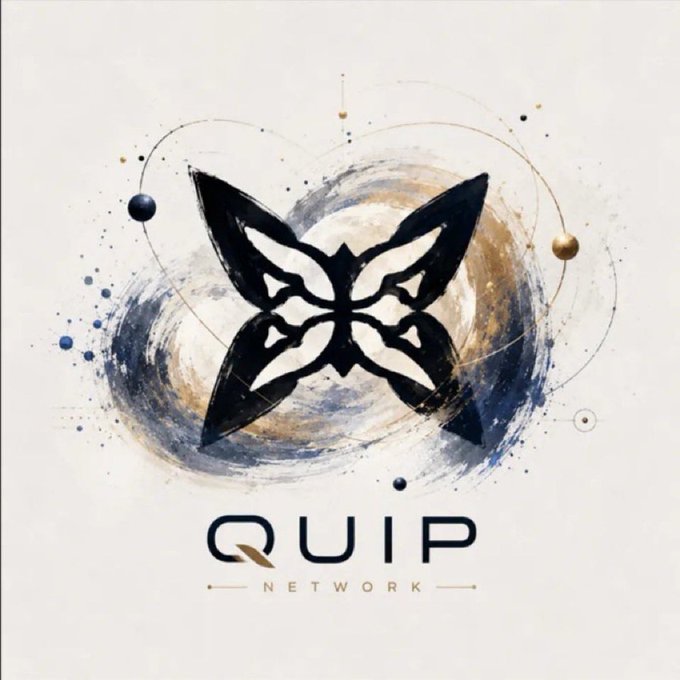 The image features a logo for Quip Network, which is an organization focused on developing secure computing systems. The logo consists of a black butterfly with gold accents, symbolizing the idea of "flying" through the digital world securely. The text below the butterfly reads "quip network", indicating that this project is part of their network and aims to create secure computing environments for users.