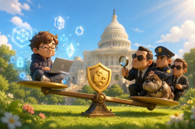A cartoon-style image shows a young tech-savvy figure with glasses using a laptop on one side of a seesaw balanced against suited officials (including a police officer and a bulldog) on the other, with the U.S. Capitol and floating blockchain/security icons in the background, visually representing Senator Ron Wyden's efforts to defend non-custodial wallet developers against heavier regulatory classification.