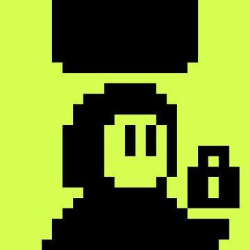 A pixel art image in black and yellow-green depicting a character with two vertical eyes raising a finger, possibly the number 8, next to a partial speech bubble shape.