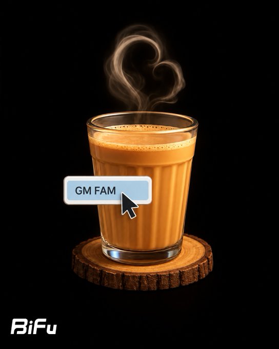 A glass of steaming coffee sits on a wooden coaster against a black background, featuring a 'GM FAM' button graphic and 'BiFu' logo.