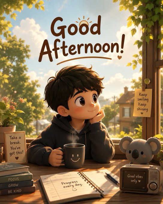 A cheerful illustrated 'Good Afternoon!' greeting card featuring a young boy holding a smiling mug at a desk with a notebook saying 'Progress every day.', a koala bear, and motivational notes like 'Take a break. You've got this!' and 'Keep smiling. Keep shining.'