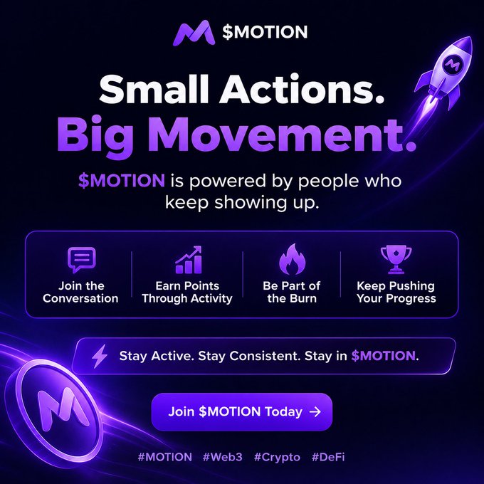 A promotional graphic for "$MOTION" cryptocurrency/web3 project with the tagline "Small Actions. Big Movement." featuring icons for conversation, points, burning, and progress.
